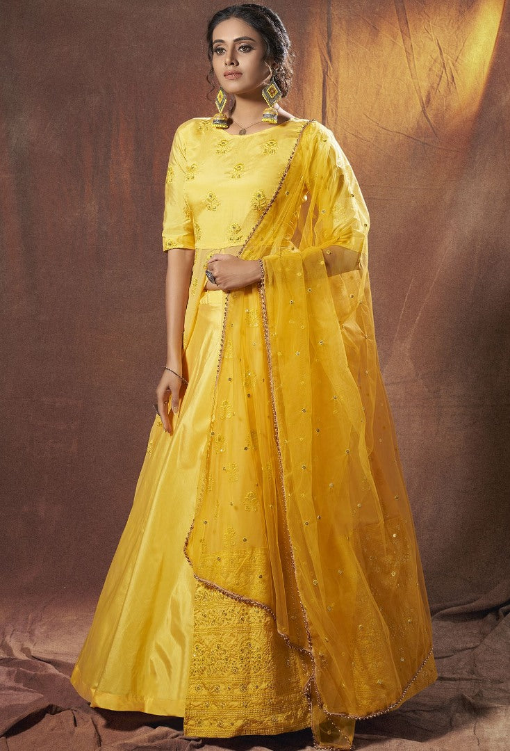 Lime yellow georgette soft net ceremonial lehenga choli