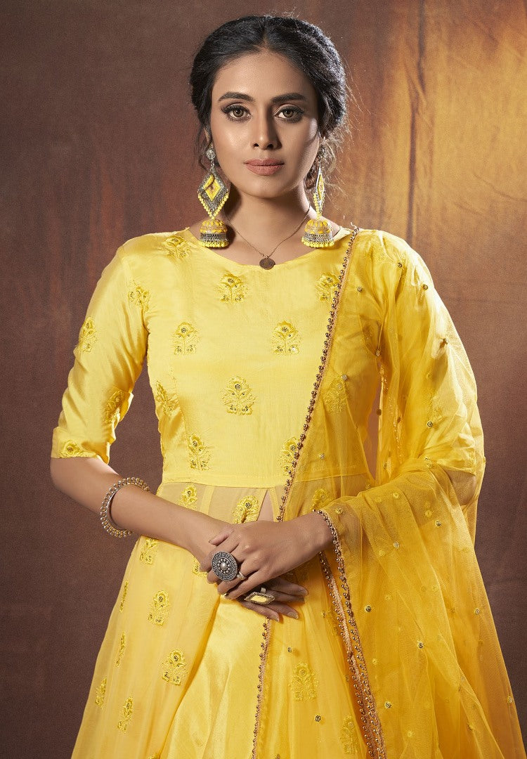 Lime yellow georgette soft net ceremonial lehenga choli