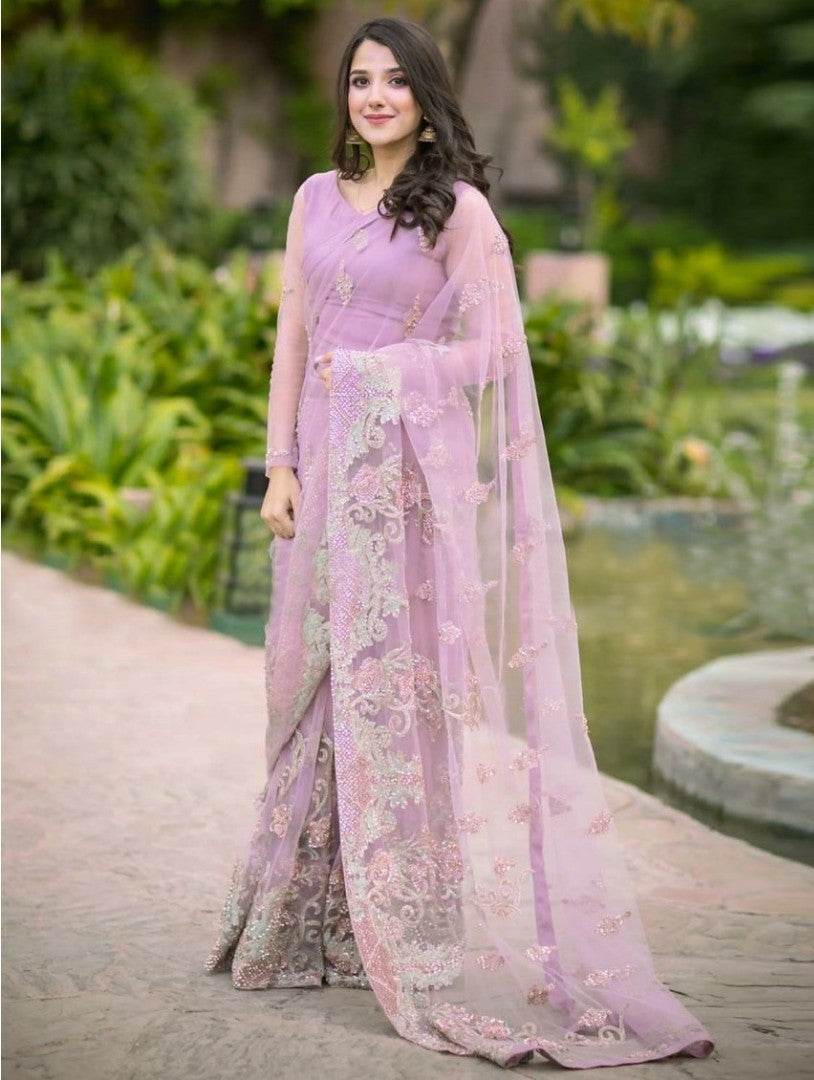 lite purple net heavy embroidered wedding saree