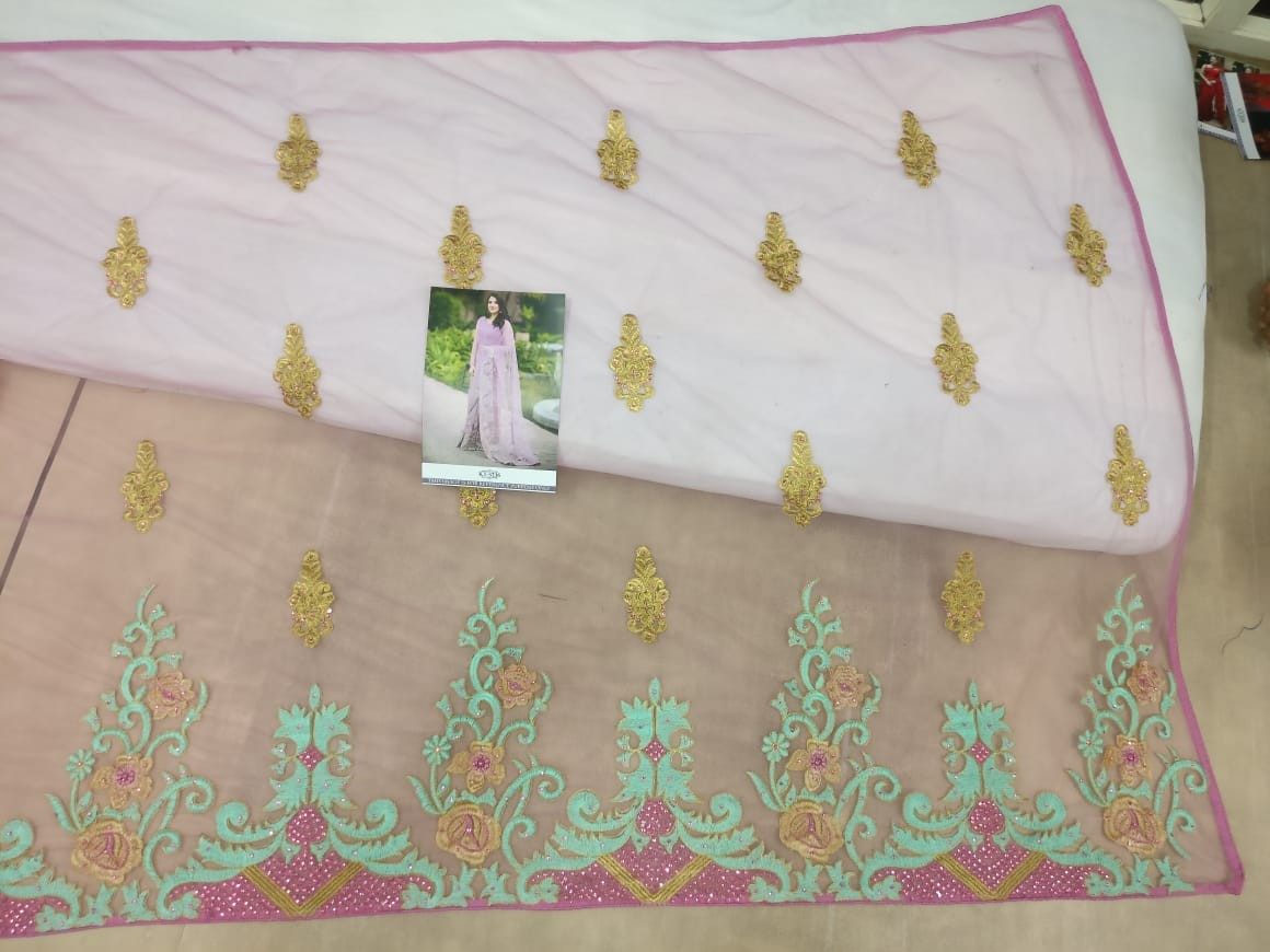 lite purple net heavy embroidered wedding saree