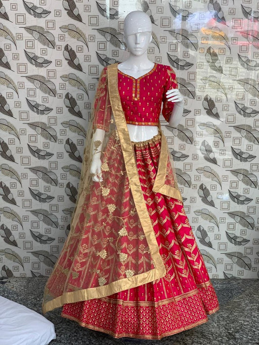 lotus pink petan silk designer embroidered wedding lehenga