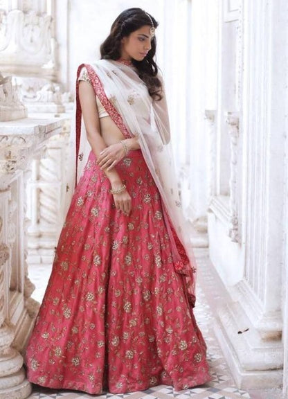 Lotus pink thai silk embroidered wedding lehenga
