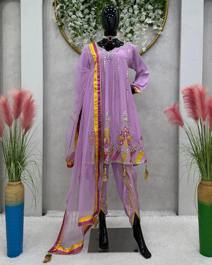 Lovender chinon silk heavy work dhoti suit