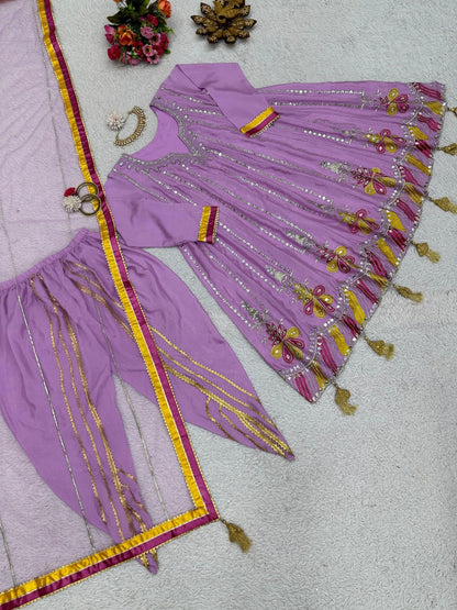 Lovender chinon silk heavy work dhoti suit