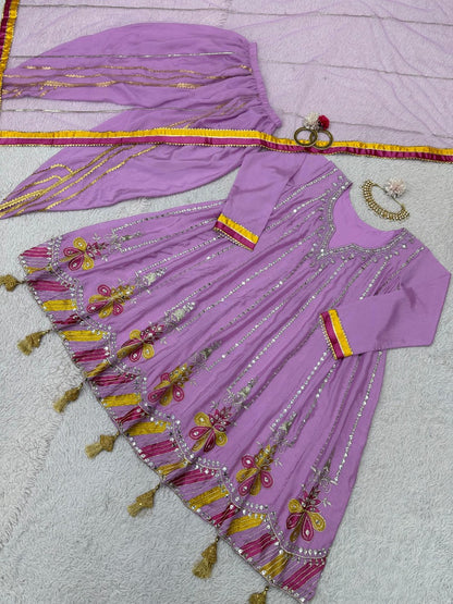 Lovender chinon silk heavy work dhoti suit