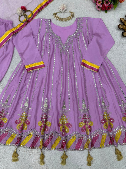 Lovender chinon silk heavy work dhoti suit
