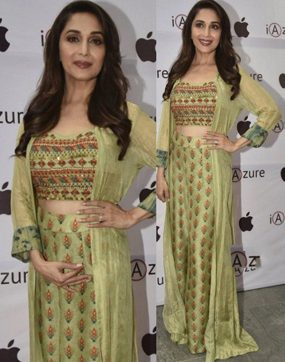 madhuri dixit green maslin silk bollywood style lehenga with jacket