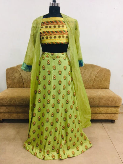 madhuri dixit green maslin silk bollywood style lehenga with jacket