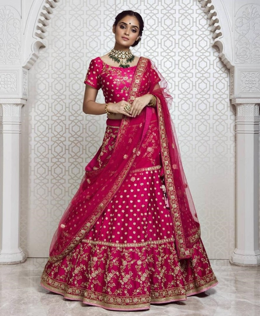 Magenta pink petan silk designer embroidered wedding lehengha