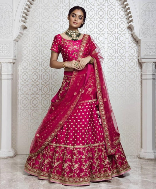 Magenta pink petan silk designer embroidered wedding lehengha