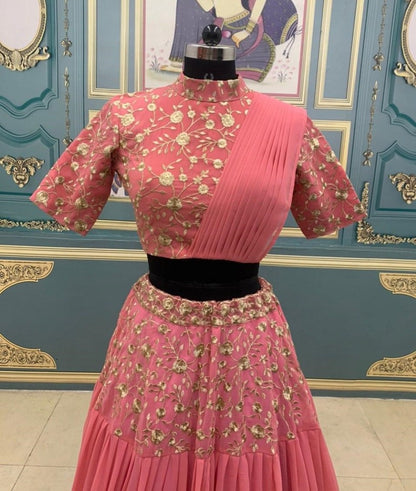 Magento pink georgette embroidered indo lehenga choli