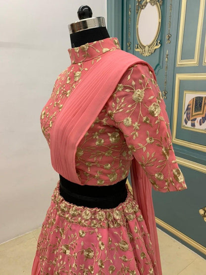 Magento pink georgette embroidered indo lehenga choli