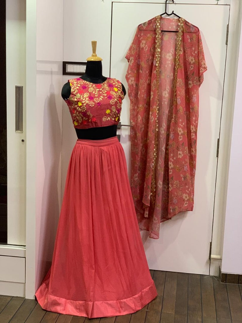 Magento pink georgette indowestern lehenga choli with shrug