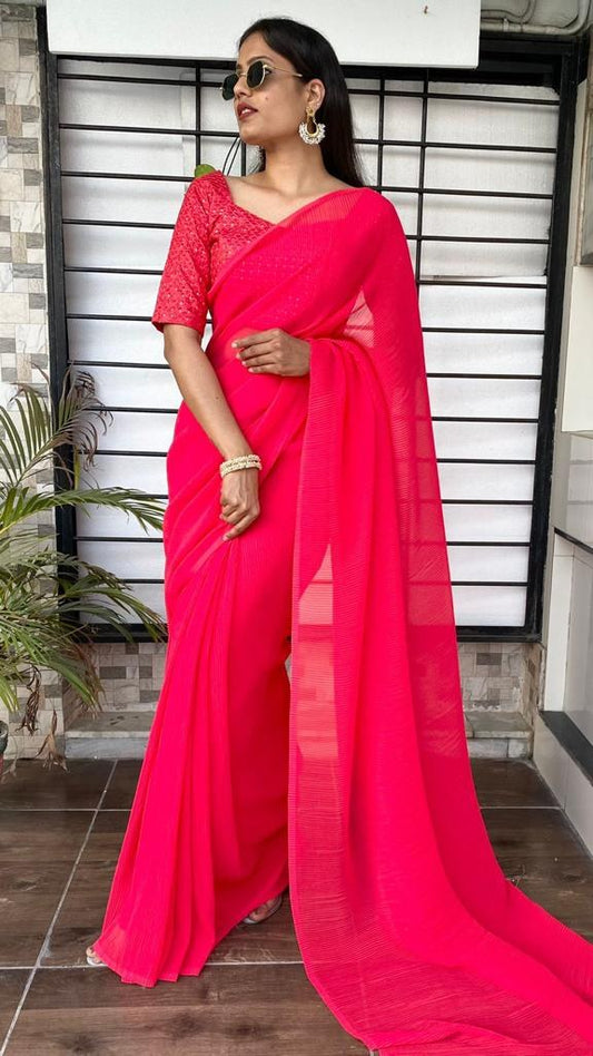 Magento pink georgette pleated partywear saree with heavy sequence work blouse