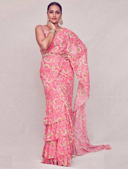 Magento pink georgette printed stylist designer ruffle saree