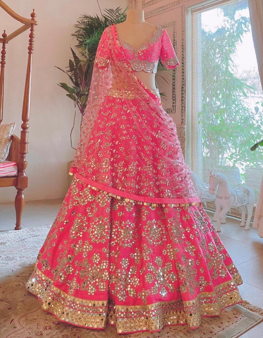 Magento pink mulberry silk paper mirror work wedding lehenga choli