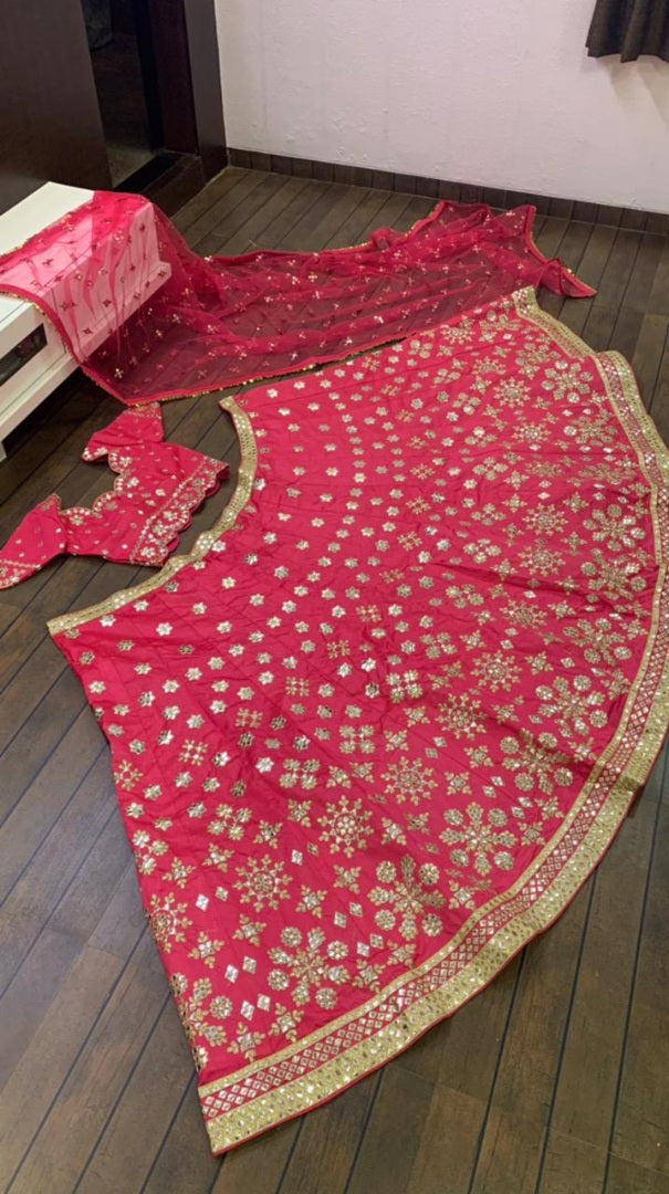 Magento pink mulberry silk paper mirror work wedding lehenga choli