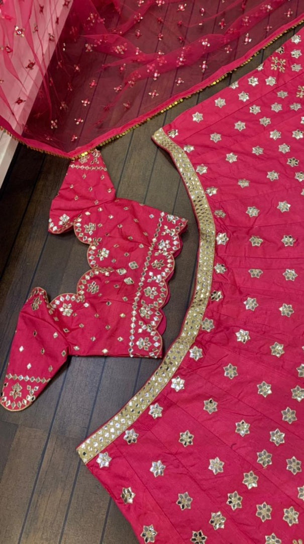 Magento pink mulberry silk paper mirror work wedding lehenga choli