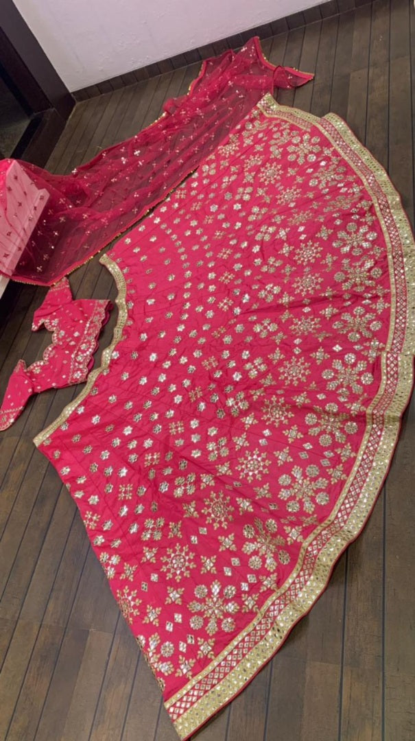 Magento pink mulberry silk paper mirror work wedding lehenga choli