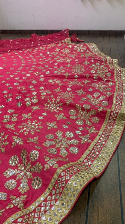 Magento pink mulberry silk paper mirror work wedding lehenga choli