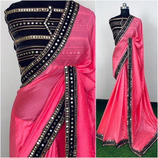 Magento pink vichitra silk sequence work partywear saree