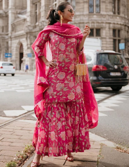 Magento red georgette digital floral printed sharara suit