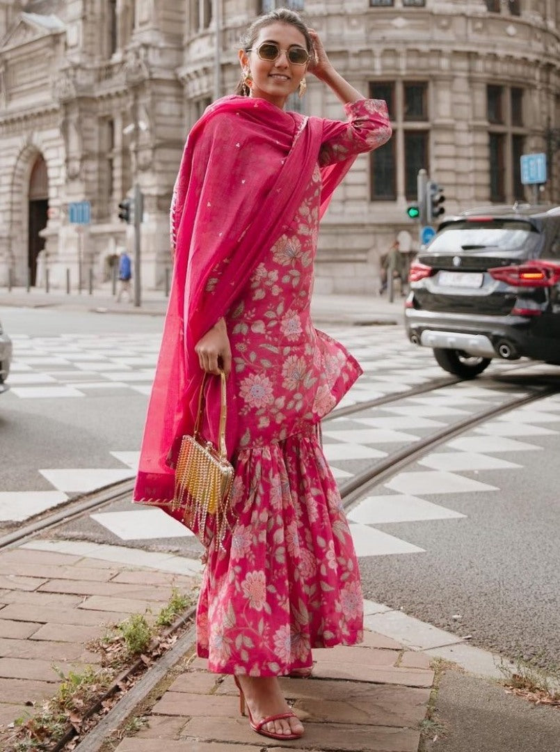 Magento red georgette digital floral printed sharara suit