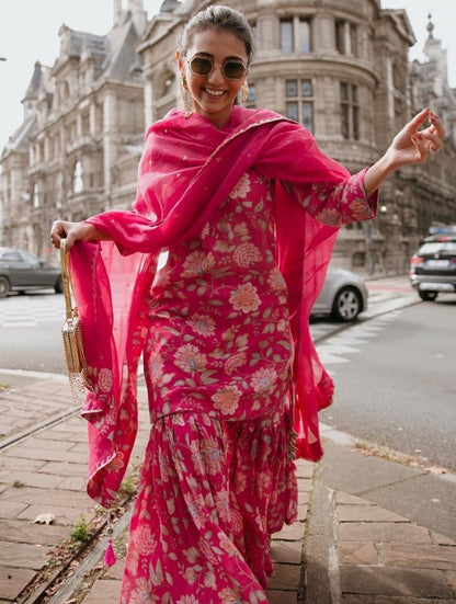 Magento red georgette digital floral printed sharara suit