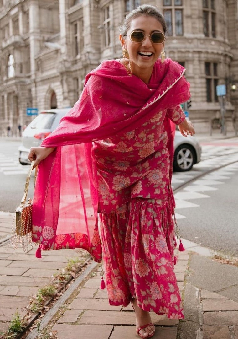 Magento red georgette digital floral printed sharara suit