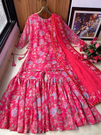 Magento red georgette digital floral printed sharara suit