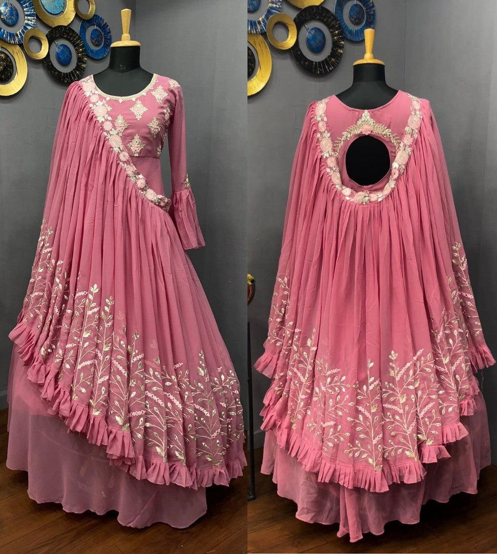 Magento red georgette embroidered indowestern gown