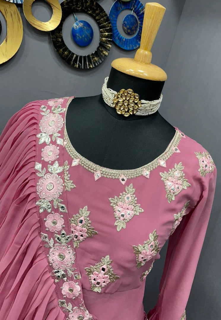 Magento red georgette embroidered indowestern gown