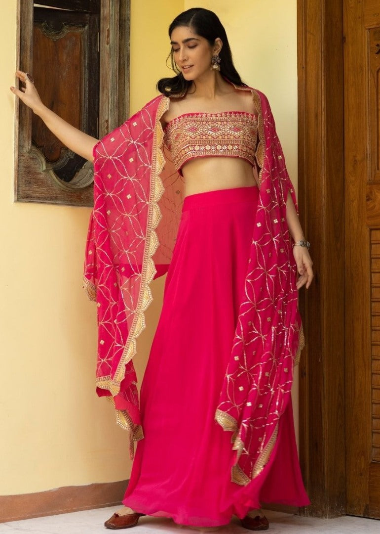 Magento red georgette embroidered sequence work plazzo suit with dupatta