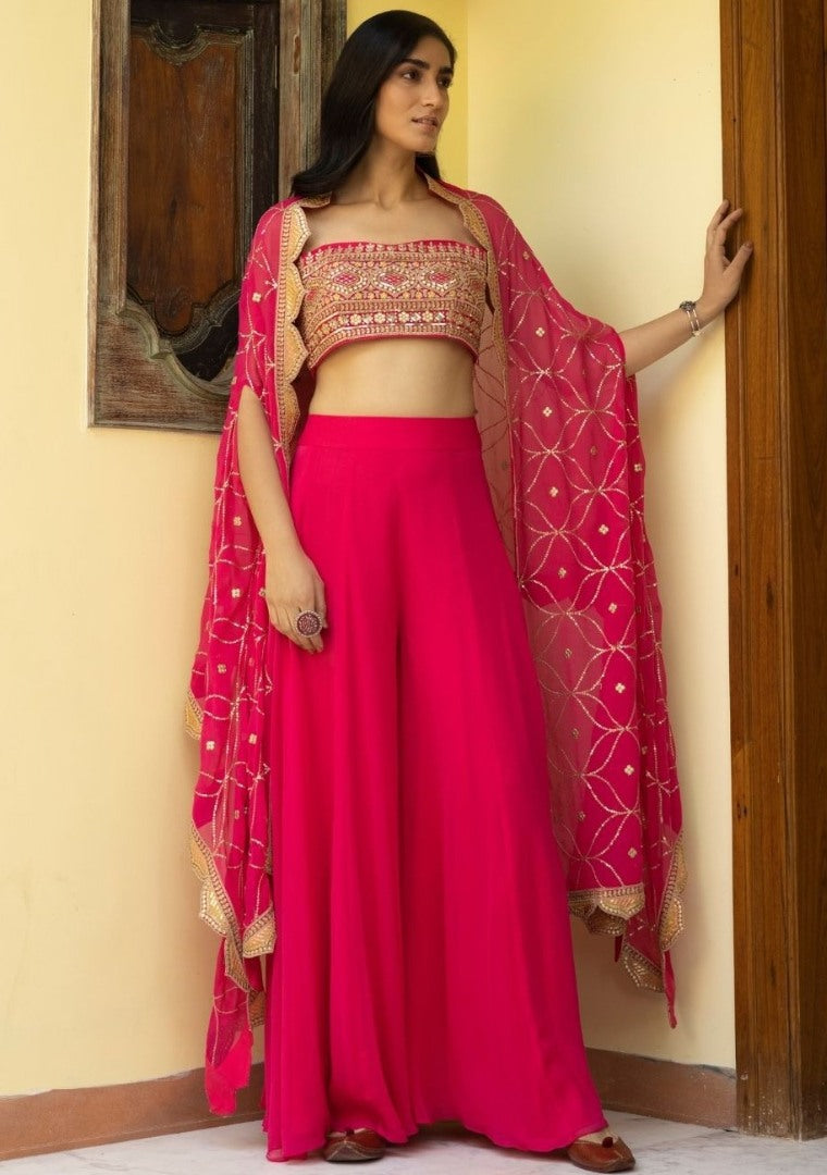 Magento red georgette embroidered sequence work plazzo suit with dupatta