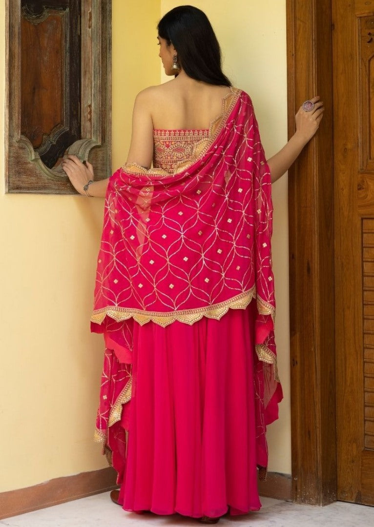 Magento red georgette embroidered sequence work plazzo suit with dupatta