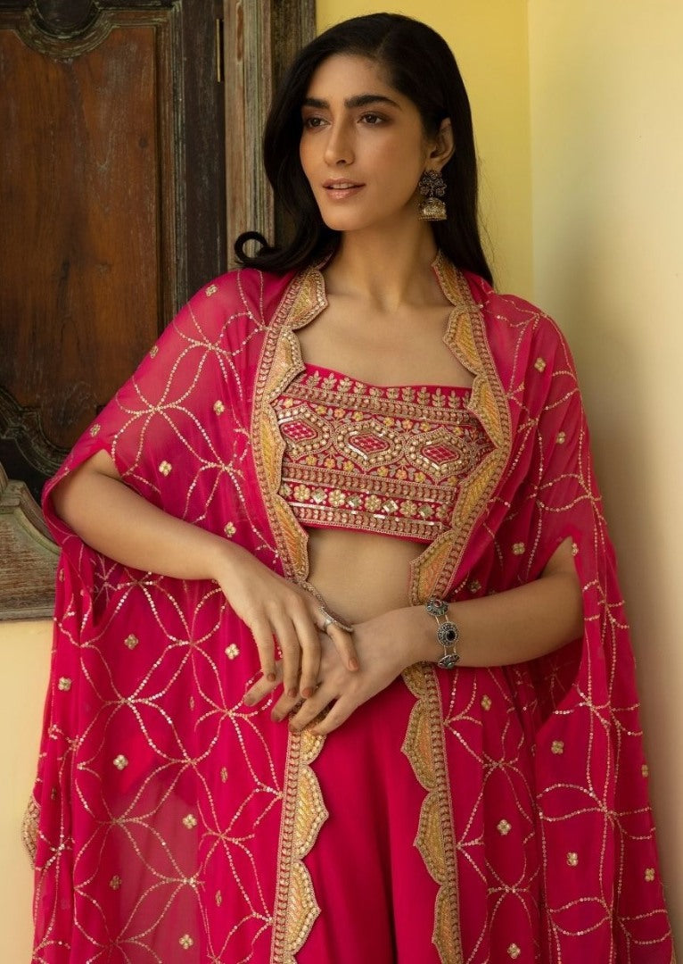 Magento red georgette embroidered sequence work plazzo suit with dupatta