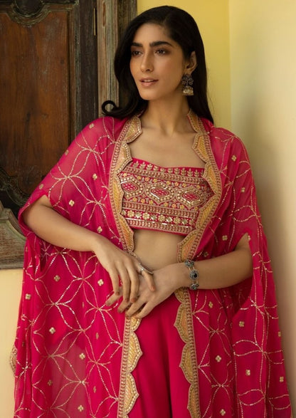 Magento red georgette embroidered sequence work plazzo suit with dupatta