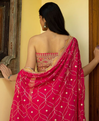 Magento red georgette embroidered sequence work plazzo suit with dupatta