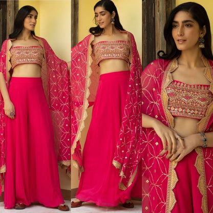 Magento red georgette embroidered sequence work plazzo suit with dupatta