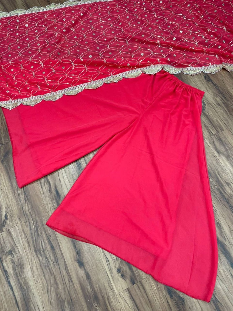 Magento red georgette embroidered sequence work plazzo suit with dupatta