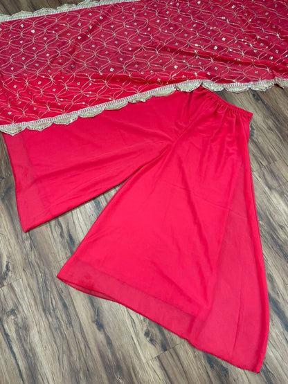 Magento red georgette embroidered sequence work plazzo suit with dupatta