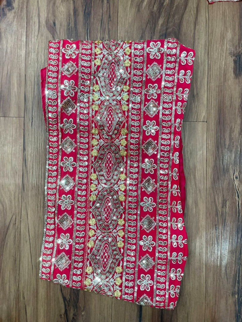 Magento red georgette embroidered sequence work plazzo suit with dupatta