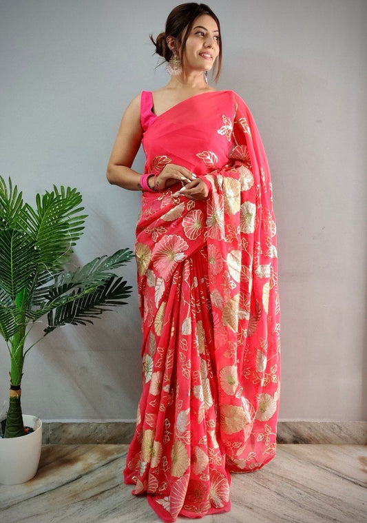 Magento red georgette multi embroidered saree