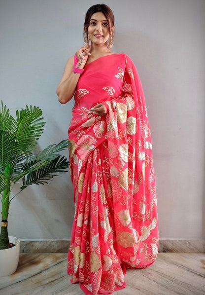 Magento red georgette multi embroidered saree