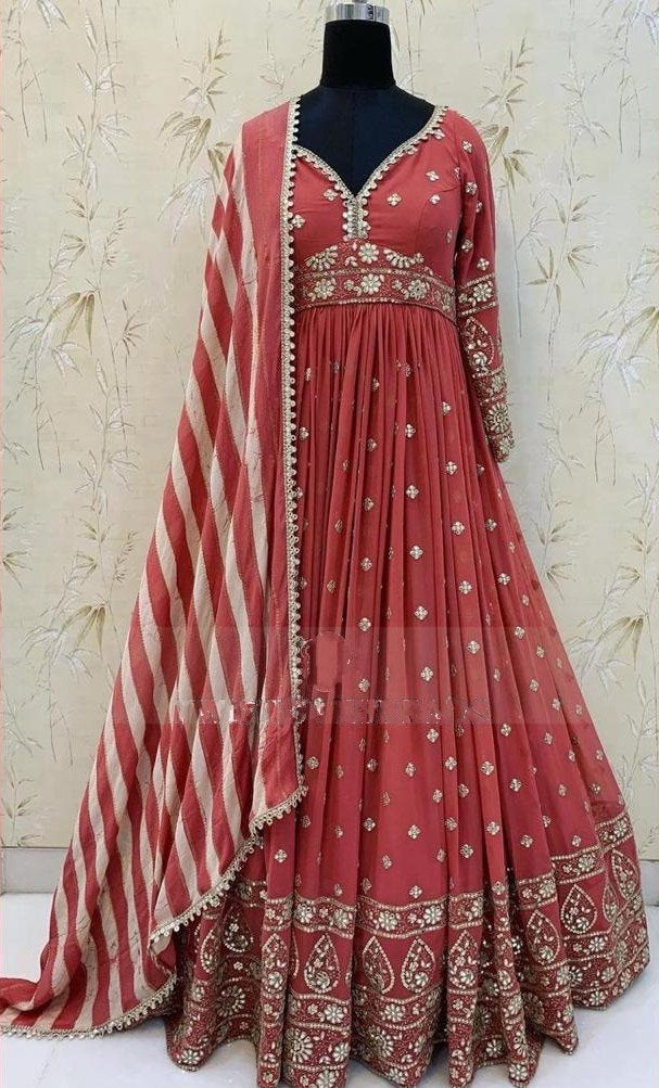 Magento red heavy georgette fully embroidered work occasional wear gown