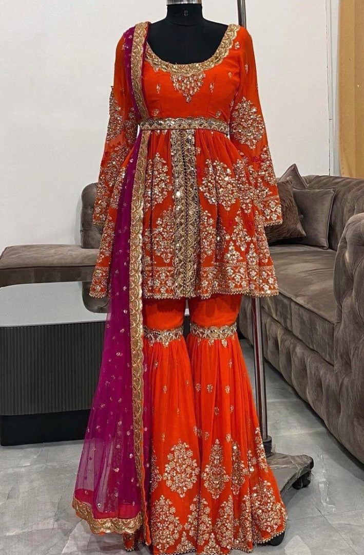 Magento red heavy soft net embroidered work sharara salwar suit