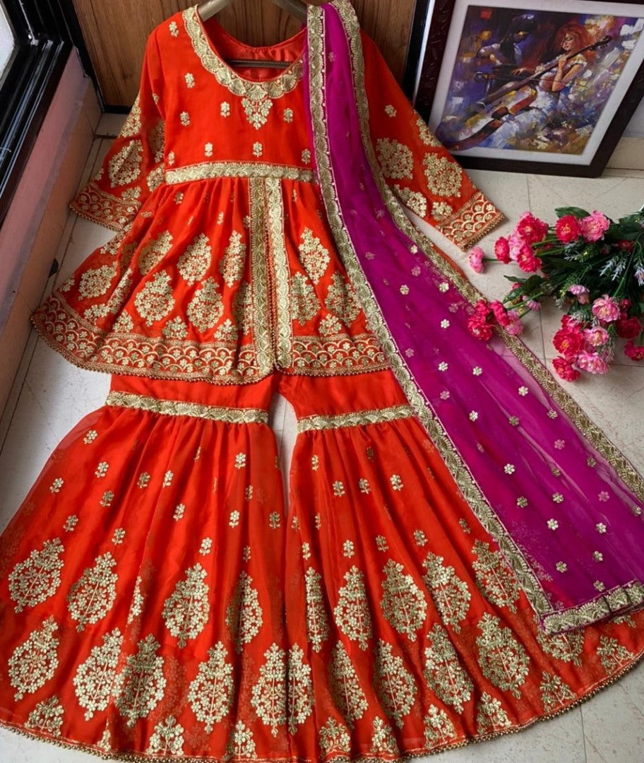 Magento red heavy soft net embroidered work sharara salwar suit