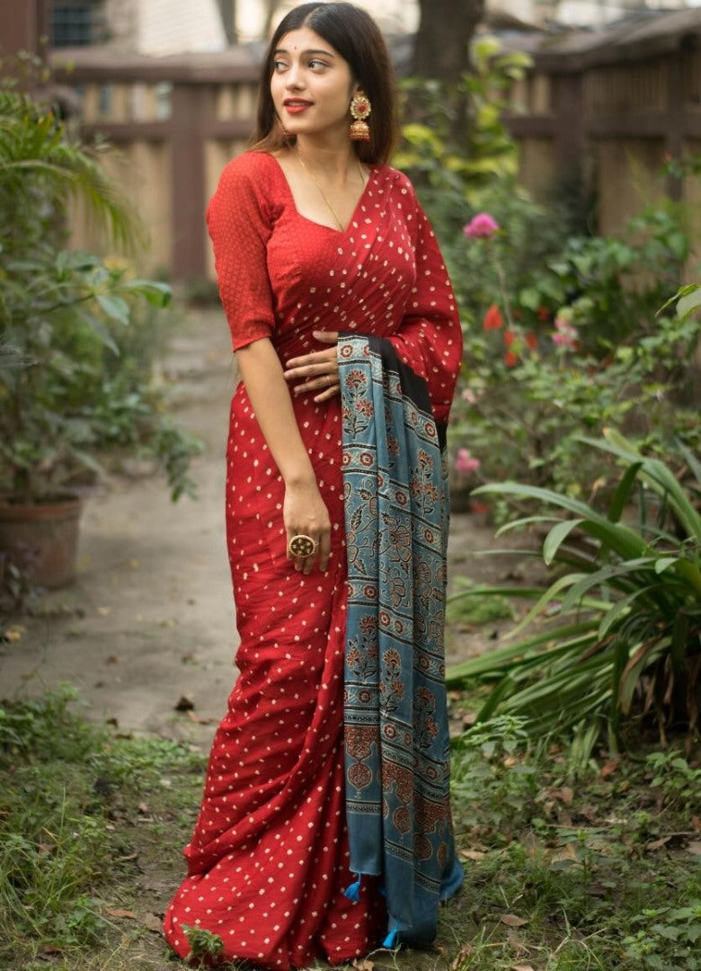 Magento red imported satin silk digital printed work saree