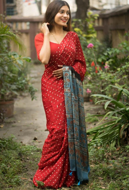 Magento red imported satin silk digital printed work saree