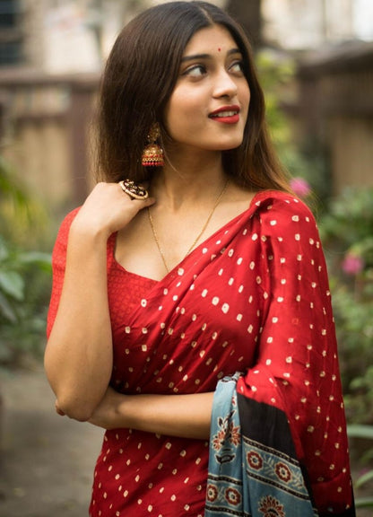 Magento red imported satin silk digital printed work saree